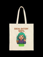 Social Battery 100% Tote Bag | Cute Anime Girl with Boba, Recharge Graphic