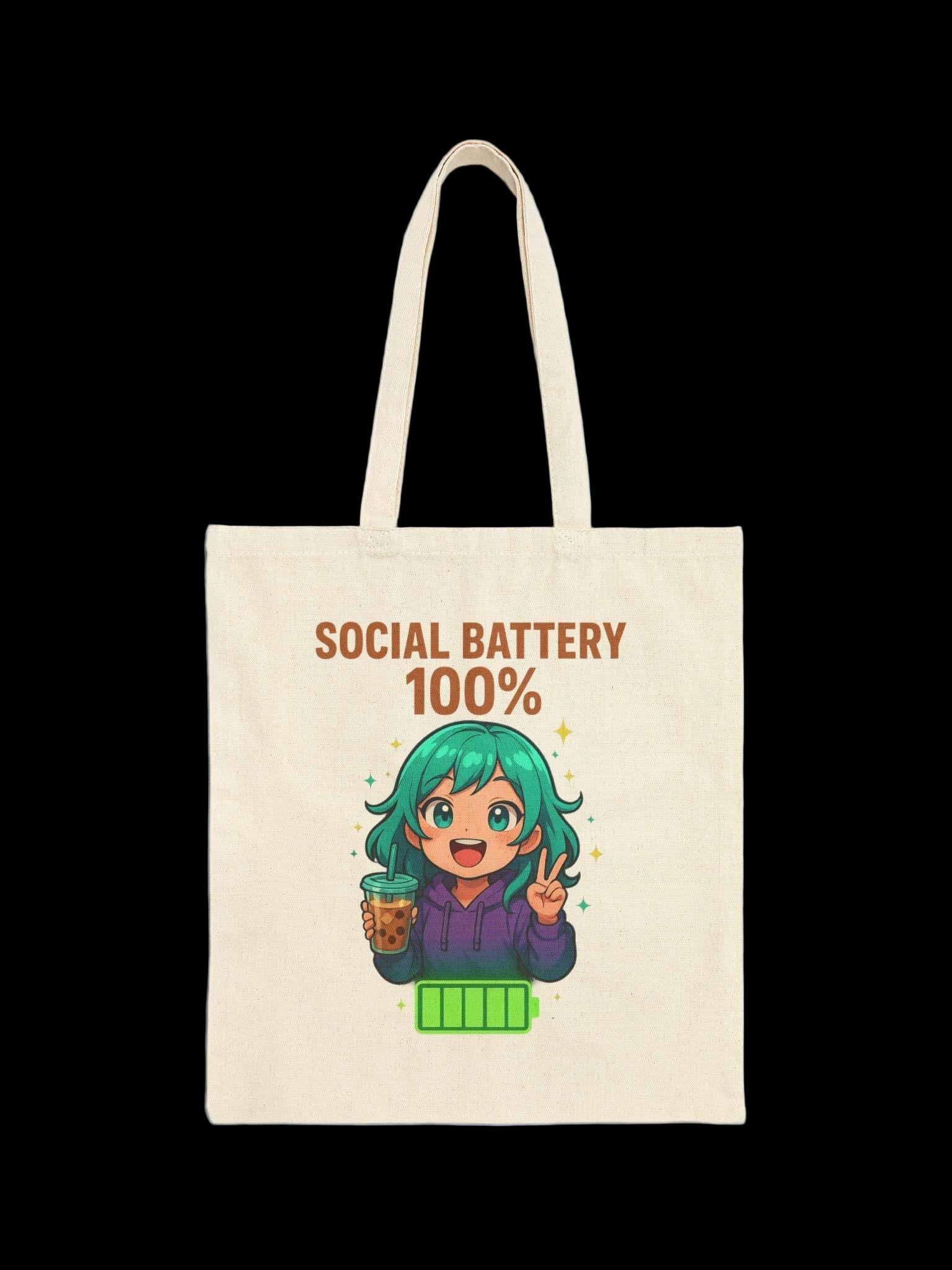 Social Battery 100% Tote Bag | Cute Anime Girl with Boba, Recharge Graphic