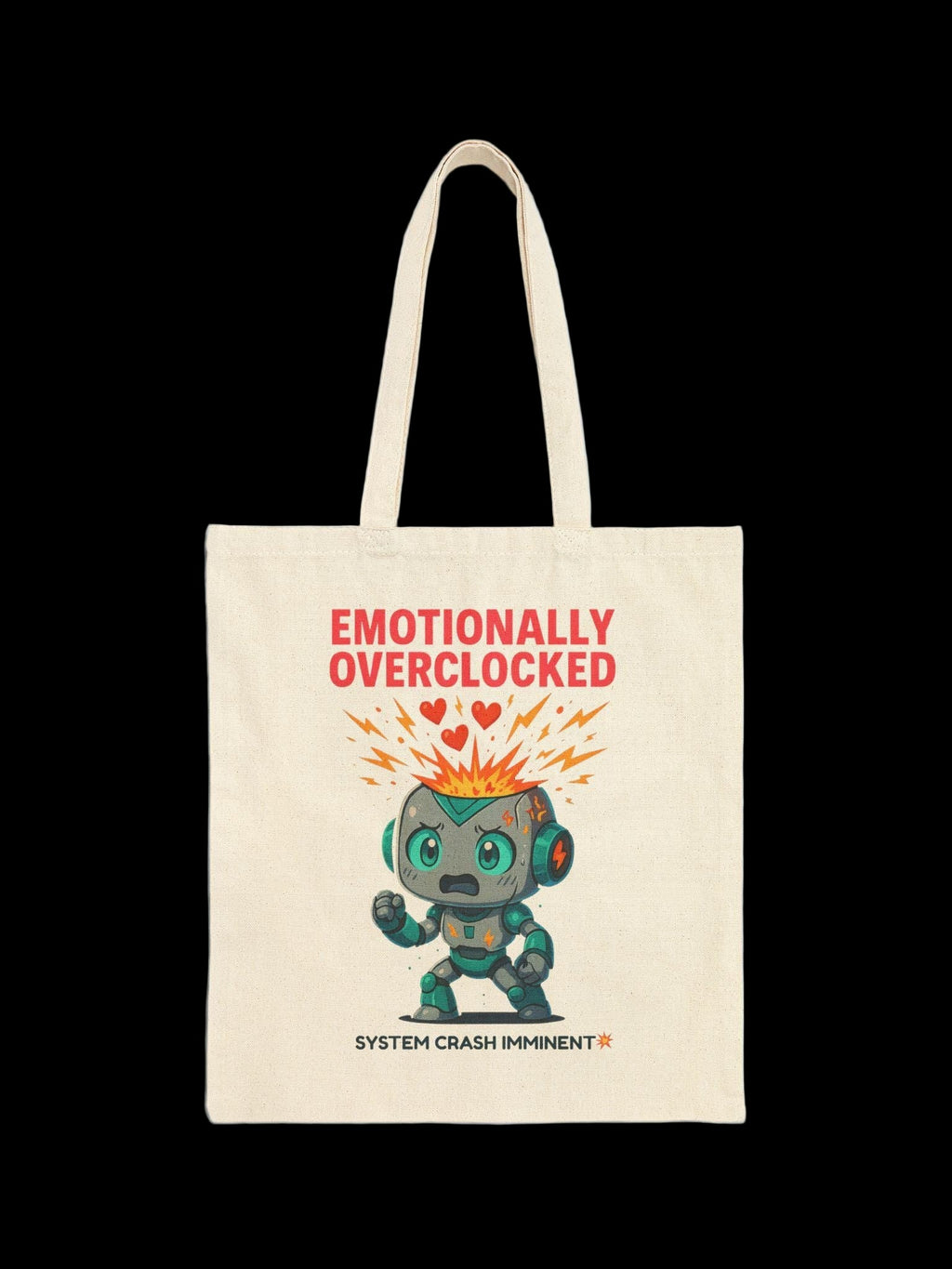 Emotionally Overclocked Tote Bag | Funny Robot Overload Canvas Tote | Cute Nerdy Gift for Gamers, Coders, Engineers, and Anime Fans