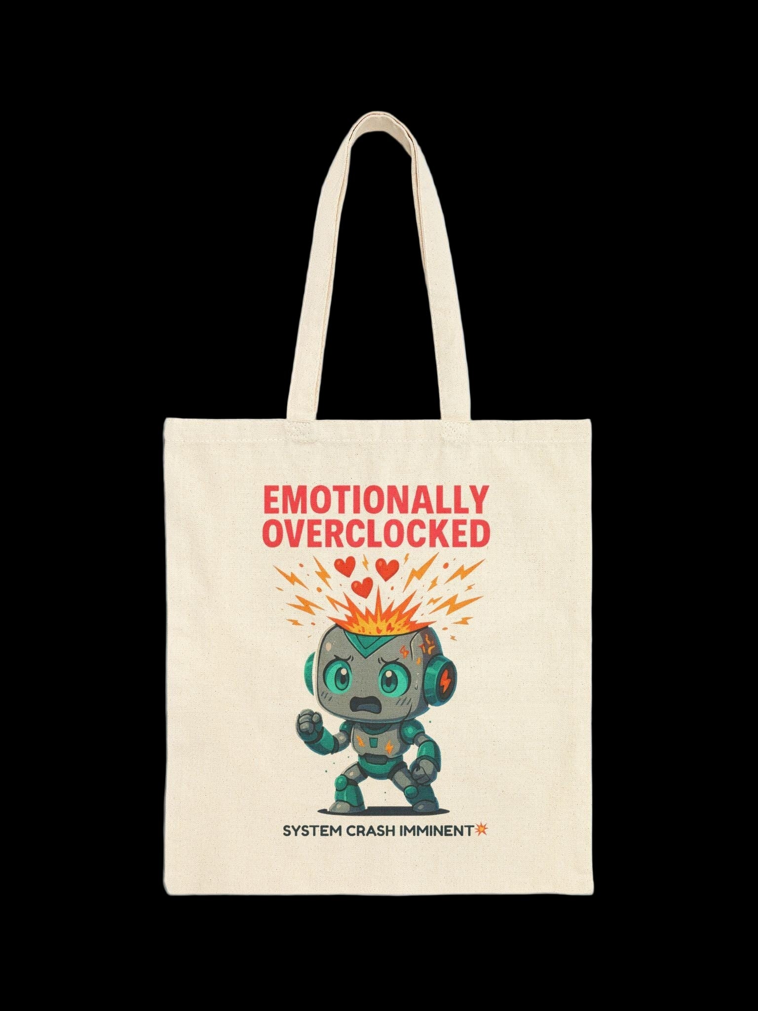 Emotionally Overclocked Tote Bag | Funny Robot Overload Canvas Tote | Cute Nerdy Gift for Gamers, Coders, Engineers, and Anime Fans