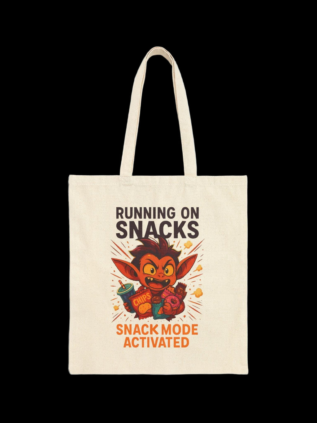 Running on Snacks Tote | Funny Goblin Anime Style Canvas Tote | Snack Mode Activated Gift for Foodies, Gamers, Students, and Gremlin Girls