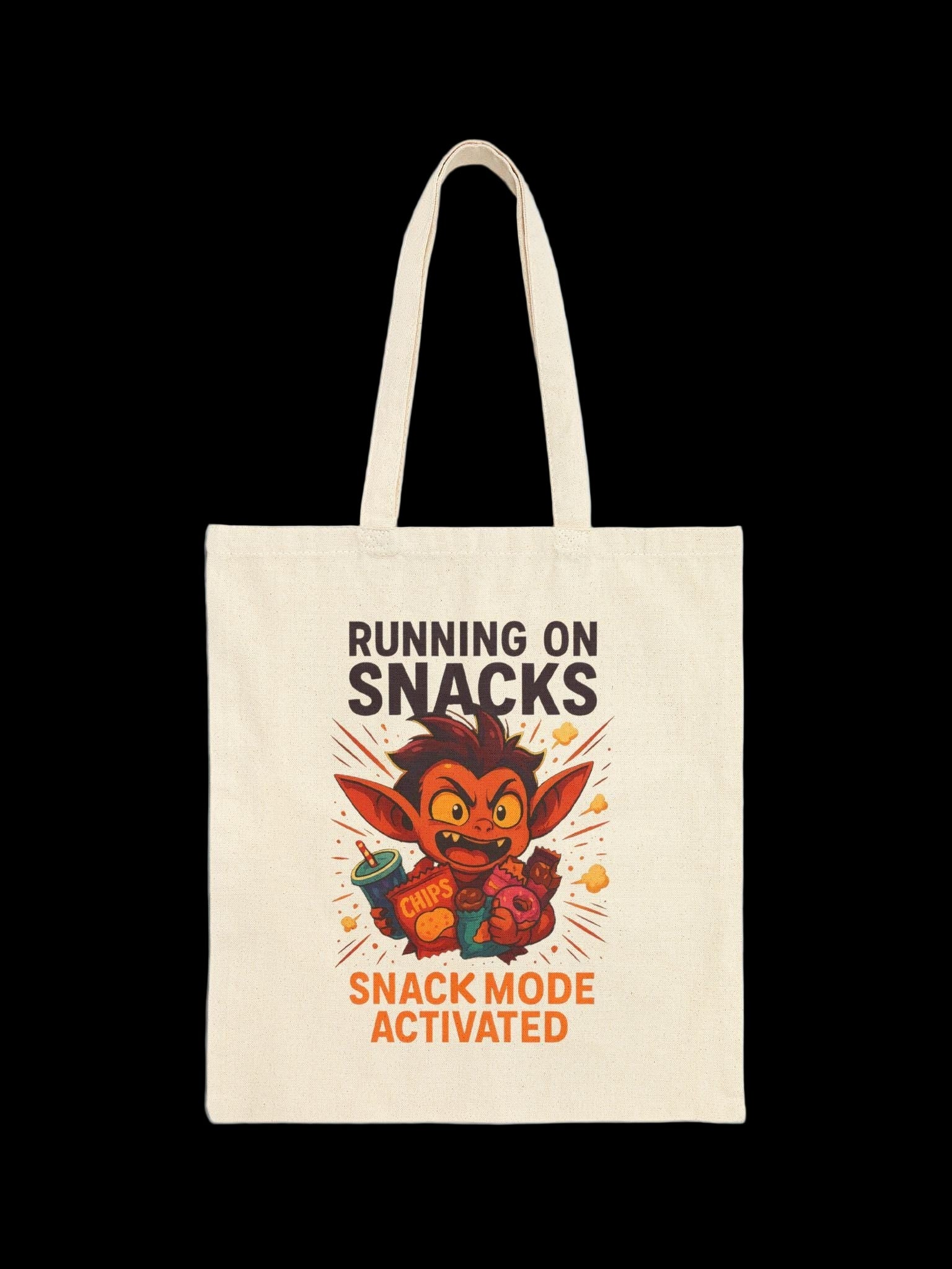 Running on Snacks Tote | Funny Goblin Anime Style Canvas Tote | Snack Mode Activated Gift for Foodies, Gamers, Students, and Gremlin Girls