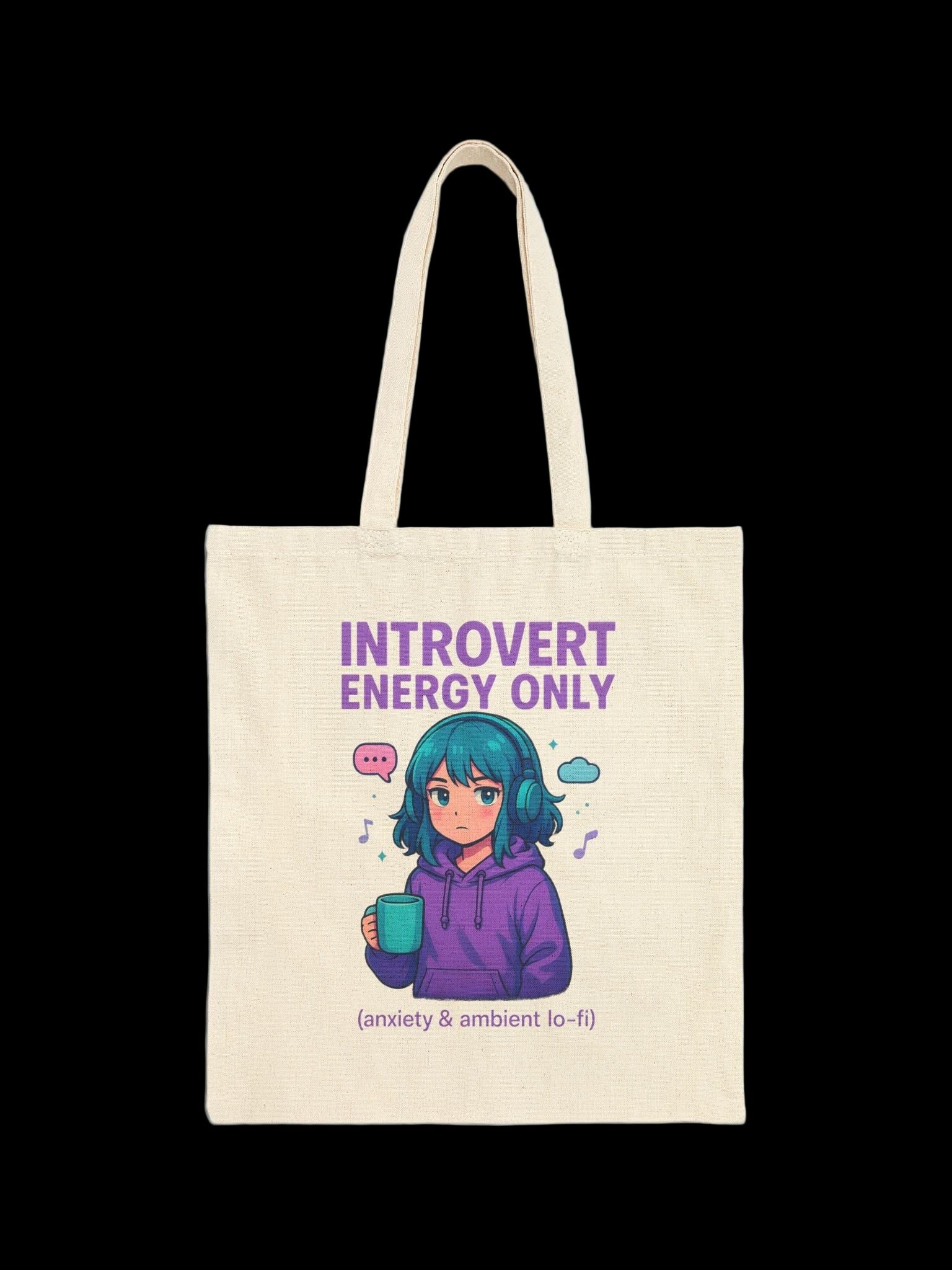 Introvert Energy Only Tote Bag Funny Lo-Fi Anime Girl Anxiety Gift for Shy People and Chill Vibes Fans