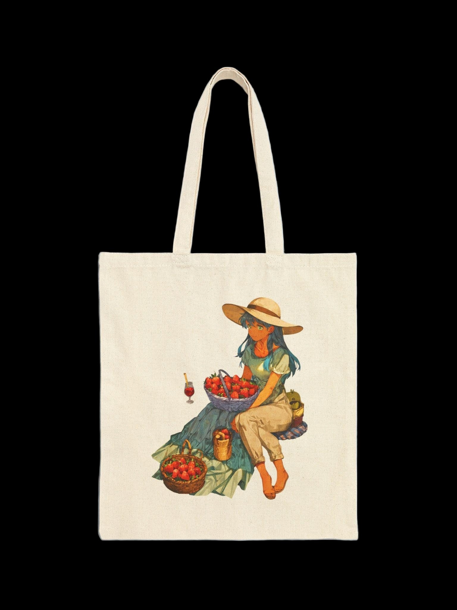 Anime Picnic Tote Bag Aesthetic Strawberry Girl Cottagecore Farmers Market Bag Gift for Anime Lovers and Cozy Nature Fans