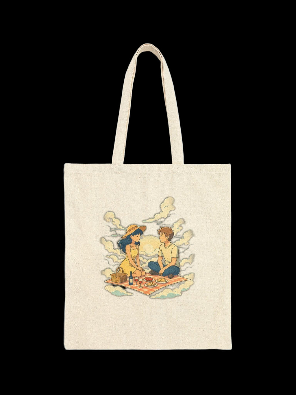 Anime Picnic Couple Tote Bag Romantic Aesthetic Date Art Cute Black Canvas Bag Gift for Anime Fans and Nature Lovers