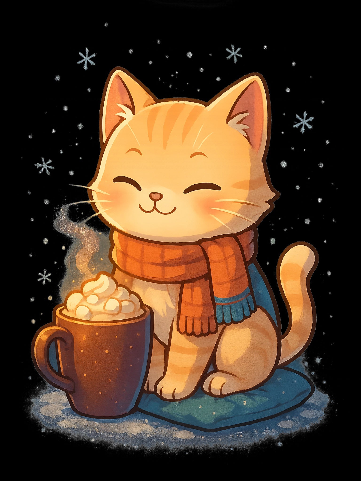 Cozy Cat Cocoa Tote Bag,  Cute Anime Orange Tabby with Hot Cocoa & Snowflakes