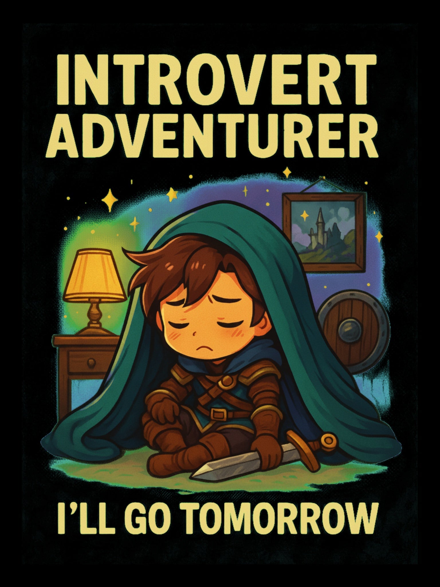 Introvert Adventurer Shirt Funny RPG Gift for Gamers DnD Fans Cozy Fantasy Tee I'll Go Tomorrow Chibi Knight Sleepy Humor Shirt