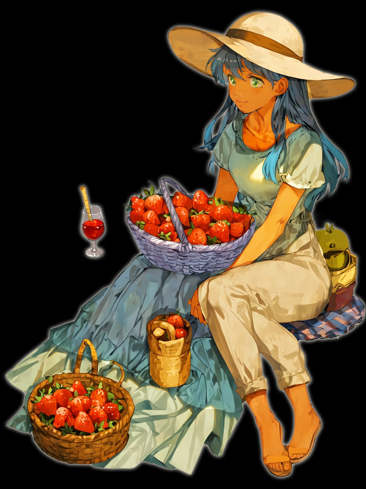 Anime Picnic Tote Bag Aesthetic Strawberry Girl Cottagecore Farmers Market Bag Gift for Anime Lovers and Cozy Nature Fans