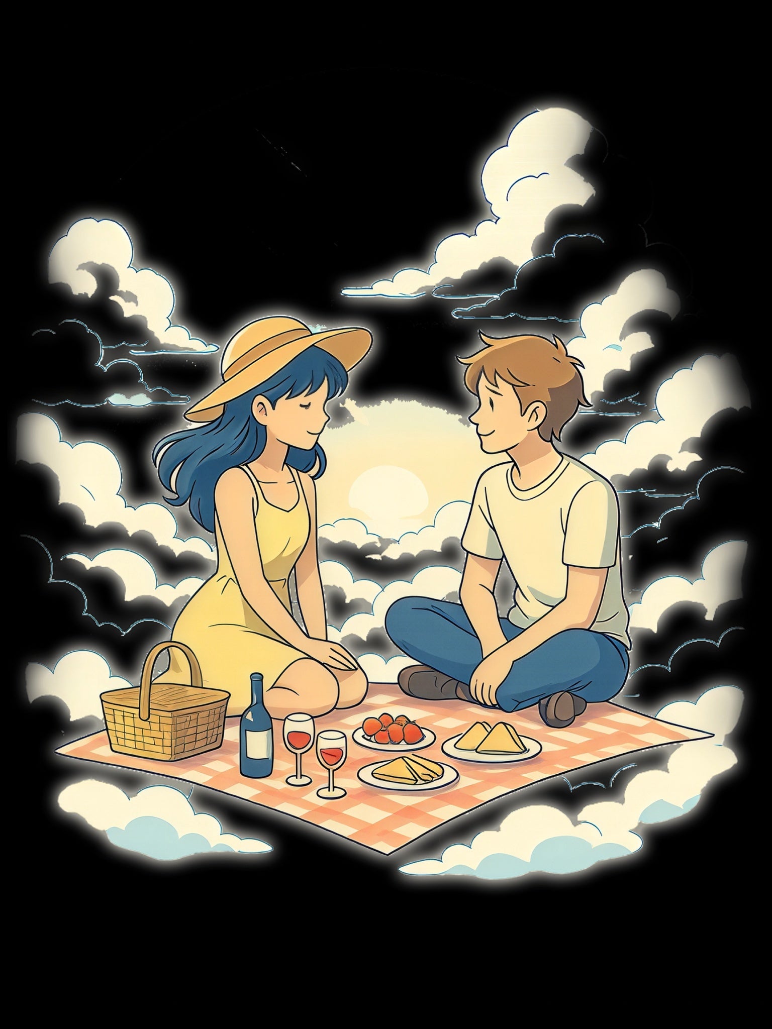 Anime Picnic Couple Tote Bag Romantic Aesthetic Date Art Cute Black Canvas Bag Gift for Anime Fans and Nature Lovers