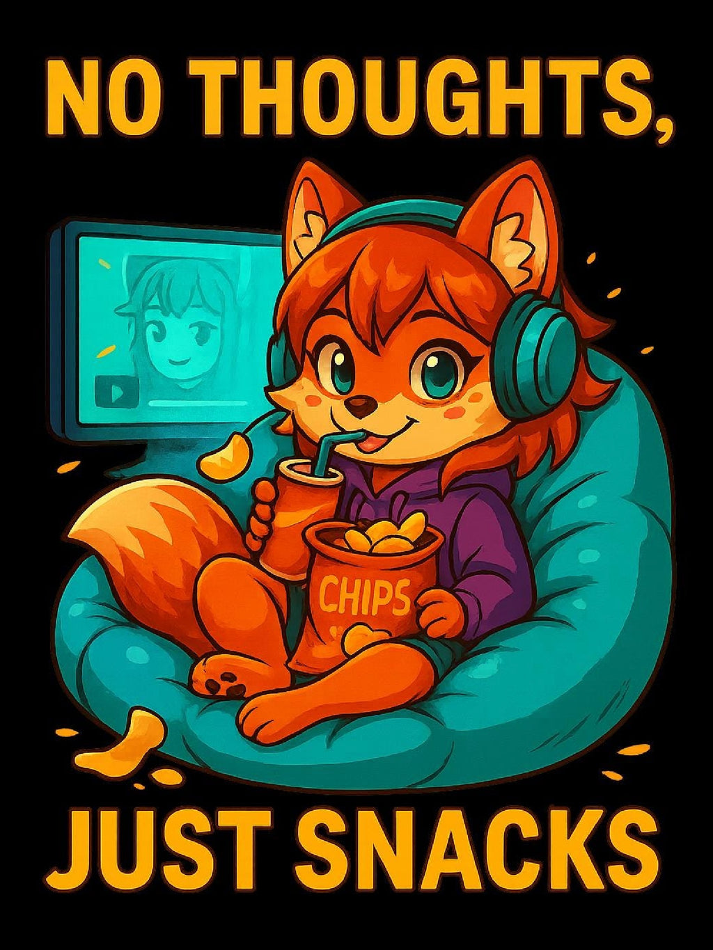 No Thoughts Just Snacks Shirt Anime Gamer Fox Tee Cozy Snack Time Kawaii Cute Gift for Anime Lovers and Coders