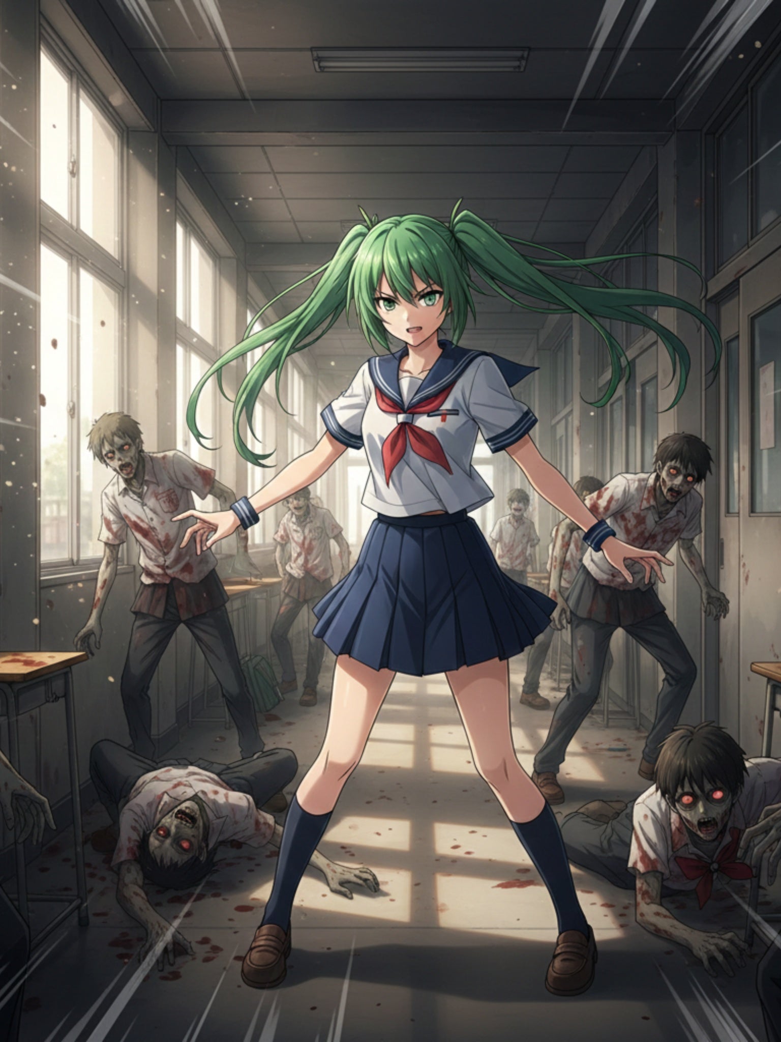 Zombie Schoolgirl Anime Poster, Apocalypse Hallway Manga Wall Art, Horror Anime Print, Japanese Zombie Survival Decor, Retro Horror Anime Girl Poster