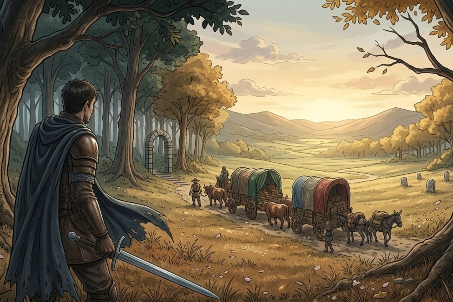 Fantasy Caravan Poster – Medieval Journey Art Print, Lone Warrior Watching Wagons, Storybook Landscape, Adventure Wall Decor