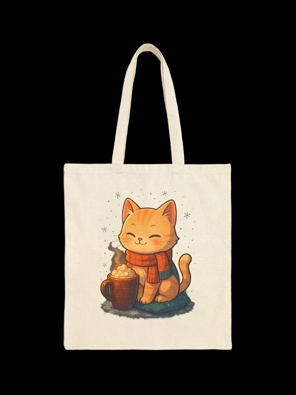 Cozy Cat Cocoa Tote Bag,  Cute Anime Orange Tabby with Hot Cocoa & Snowflakes
