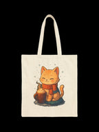 Cozy Cat Cocoa Tote Bag,  Cute Anime Orange Tabby with Hot Cocoa & Snowflakes