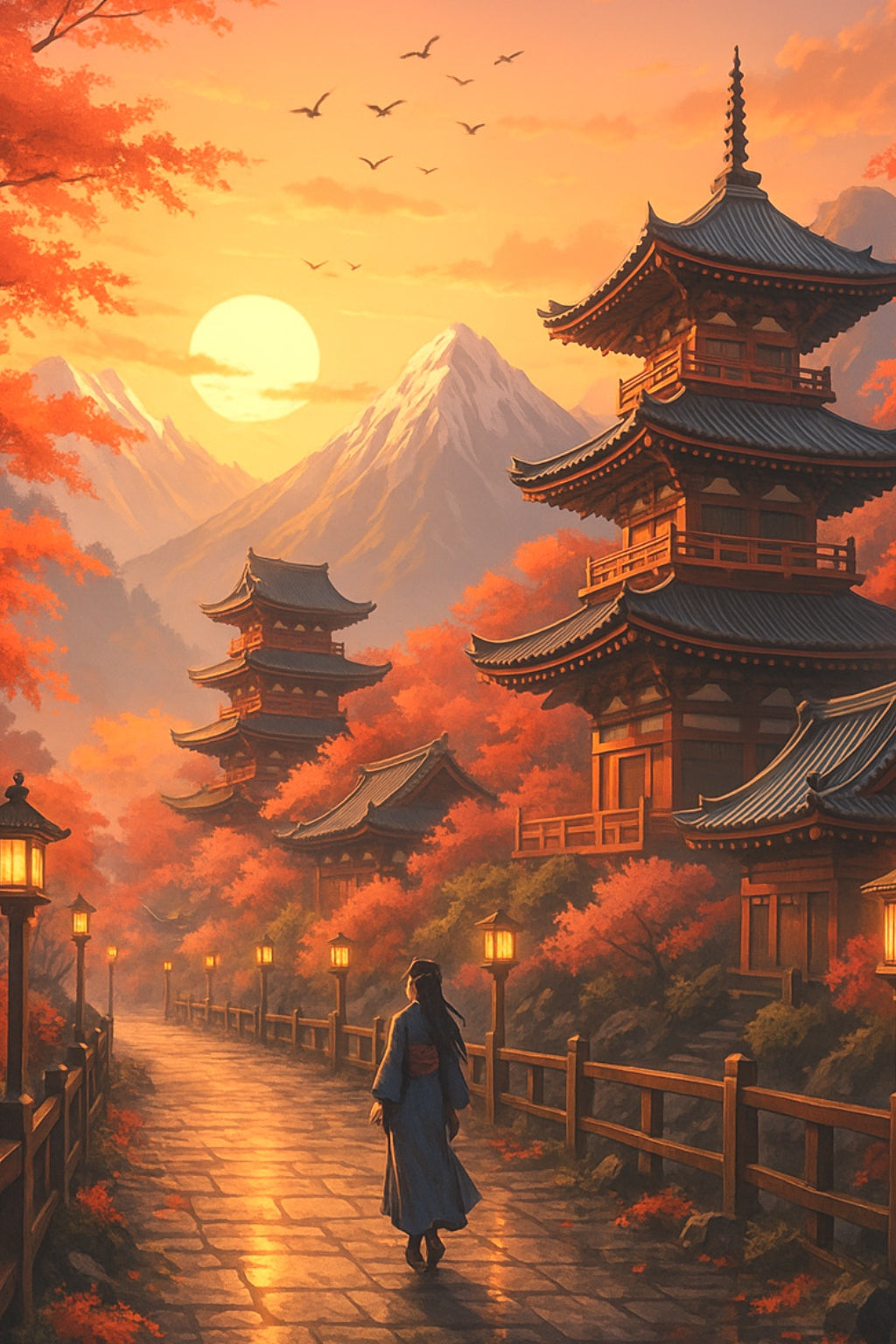 Serene Anime Poster Japanese Temple at Sunset with Autumn Leaves and Mountains