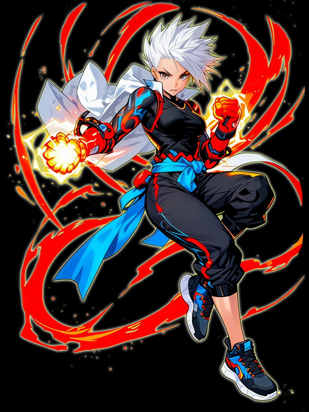 Fire Anime Fighter T-Shirt Neon Glow Power Pose Streetwear Gift for Anime Fans and Gamers