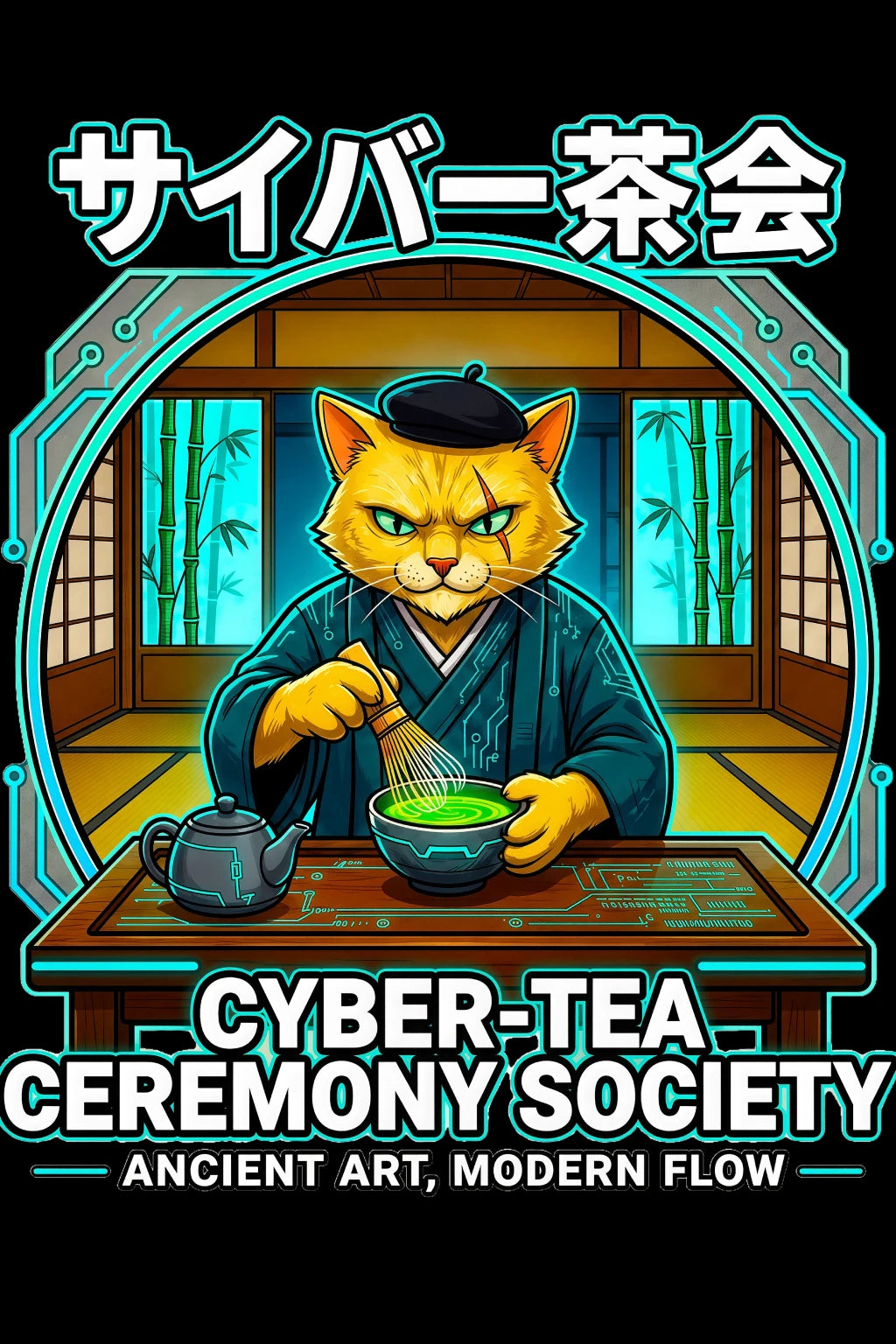 Cyber Tea Ceremony Society T Shirt Anime Cat Shirt Japanese Cyberpunk Streetwear Graphic Tee