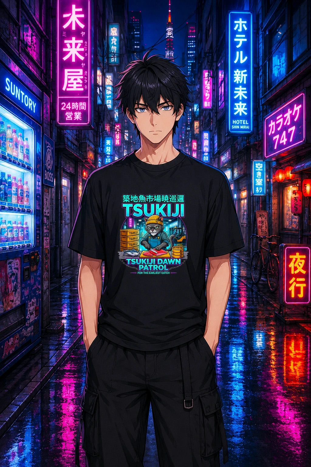 Tsukiji Dawn Patrol T Shirt Anime Cat Shirt Japanese Streetwear Neon Sushi Market Graphic Tee
