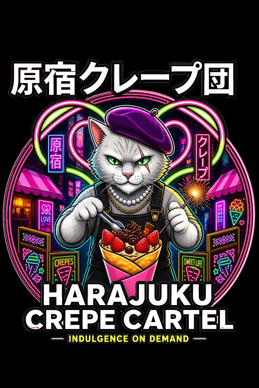 Harajuku Crepe Cartel T-Shirt Neon Japanese Streetwear Cat Graphic Tee Tokyo Anime Style Shirt Foodie Fashion Gift