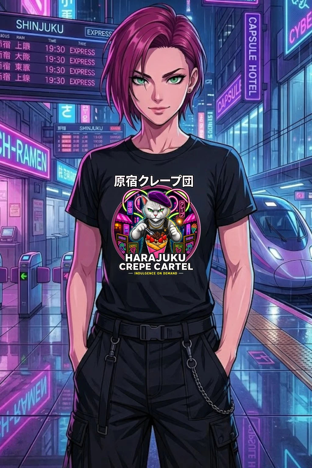Harajuku Crepe Cartel T-Shirt Neon Japanese Streetwear Cat Graphic Tee Tokyo Anime Style Shirt Foodie Fashion Gift