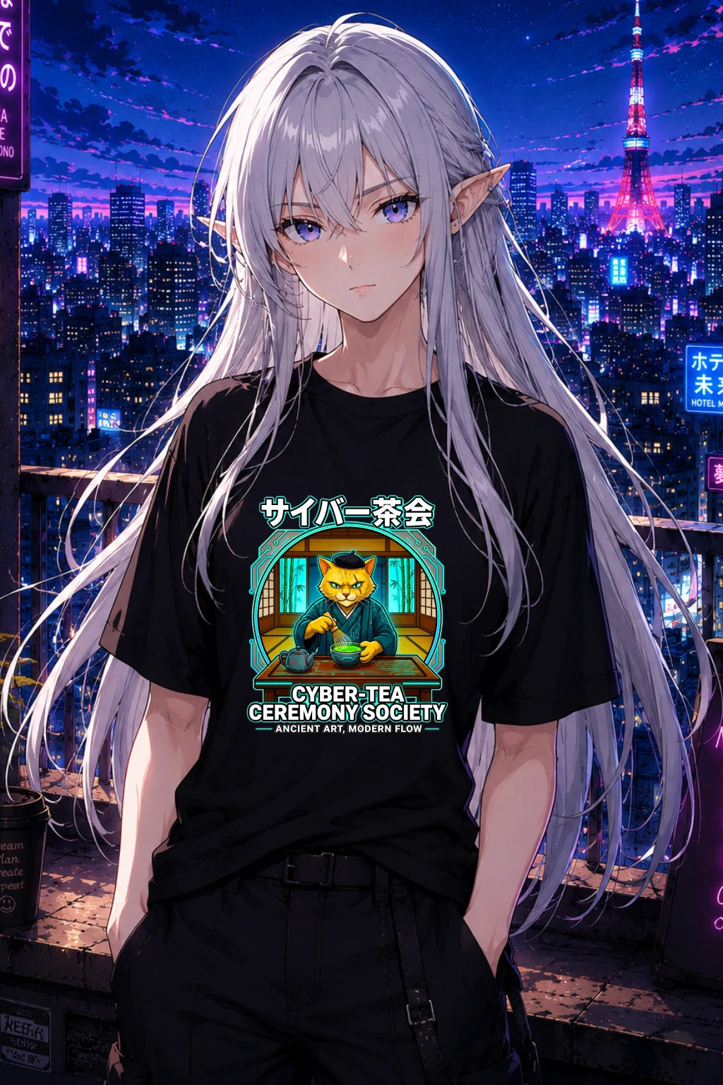 Cyber Tea Ceremony Society T Shirt Anime Cat Shirt Japanese Cyberpunk Streetwear Graphic Tee