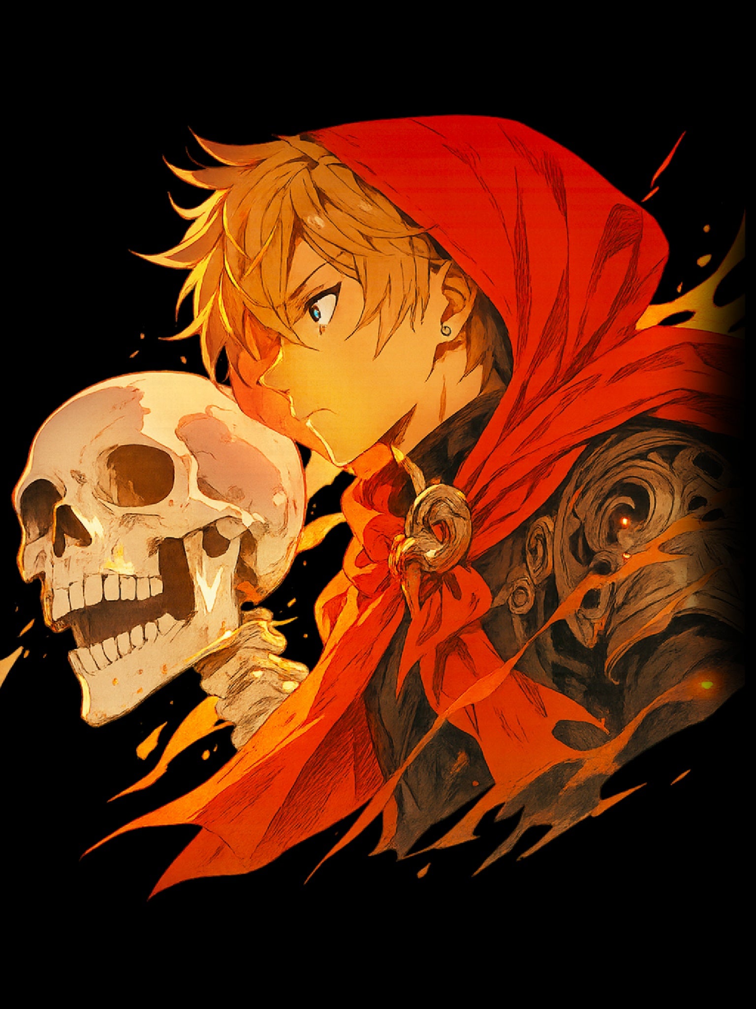 Anime Long Sleeve Shirt – Fiery Skull & Red Hood Warrior Art | Cool Anime Streetwear Tee | Epic Anime Apparel