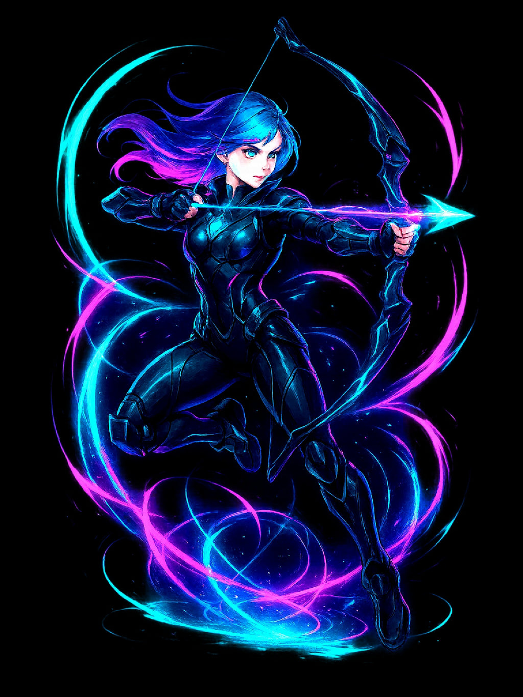 Neon Archer Anime Girl T-Shirt Cyberpunk Streetwear Glow Techwear Gift for Anime Fans and Gamers
