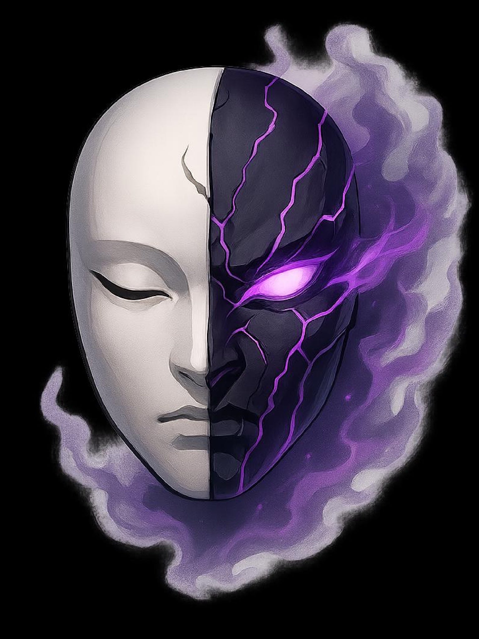 Anime Oni Mask T-Shirt Dark Spirit Face Split Design Neon Purple Glow Streetwear Gift for Anime Lovers and Gamers