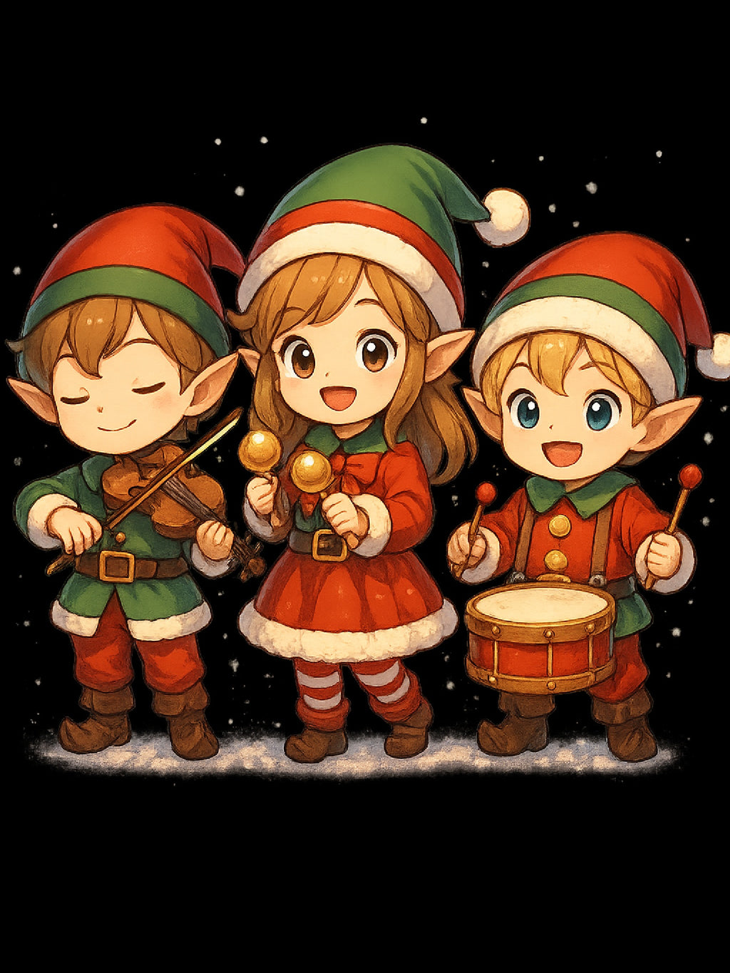 Cute Christmas Elf Band T-Shirt, Anime Style Holiday Shirt, Kawaii Caroling Elves Tee, Chibi Xmas Group Design, Christmas Gift for Kids