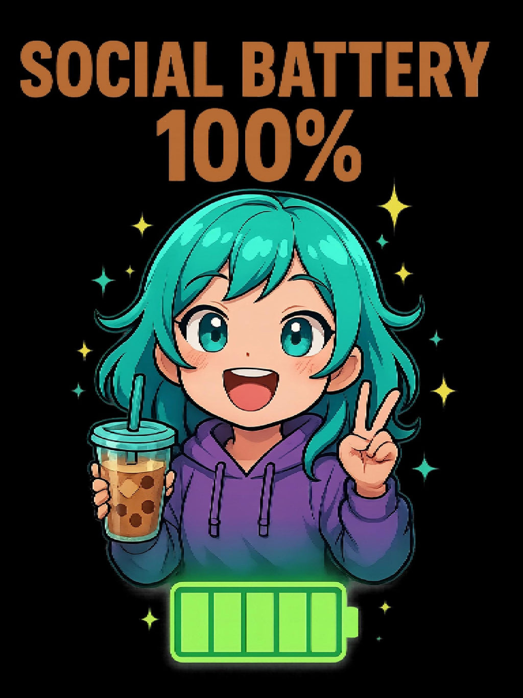 Social Battery 100% Tote Bag | Cute Anime Girl with Boba, Recharge Graphic
