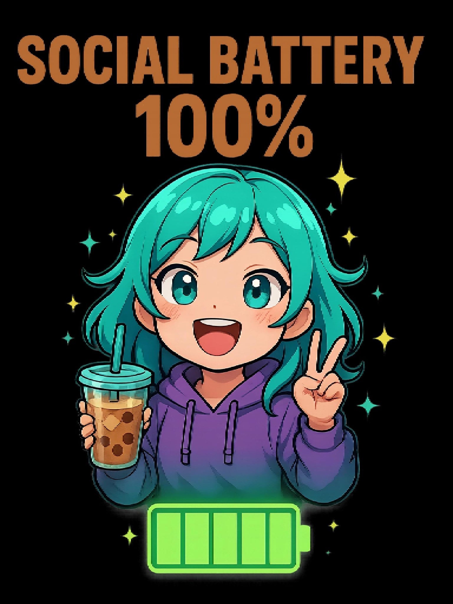 Social Battery 100% Tote Bag | Cute Anime Girl with Boba, Recharge Graphic