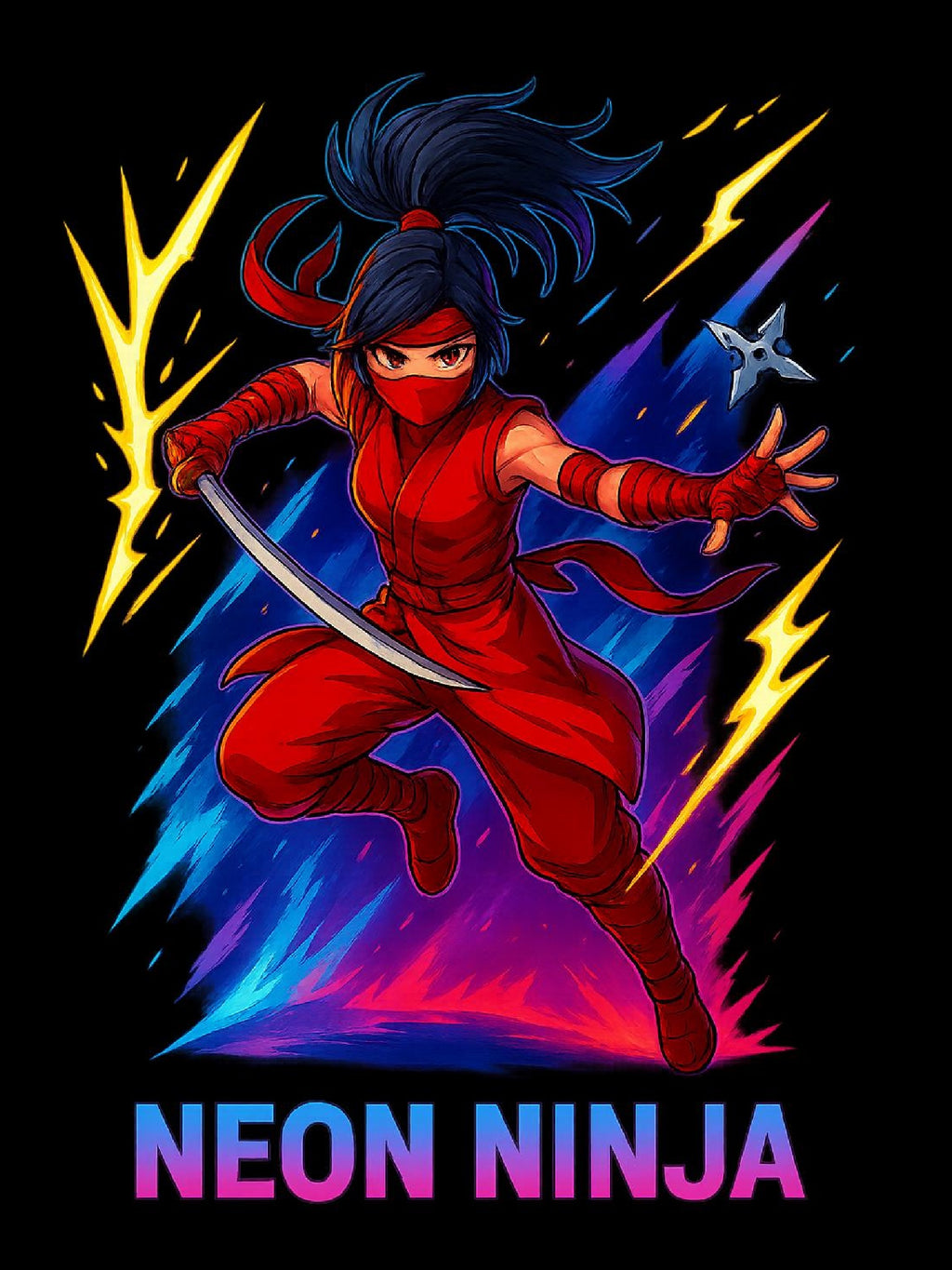 Neon Ninja Anime T-Shirt Red Lightning Warrior Cool Streetwear Gift for Anime Fans and Gamers