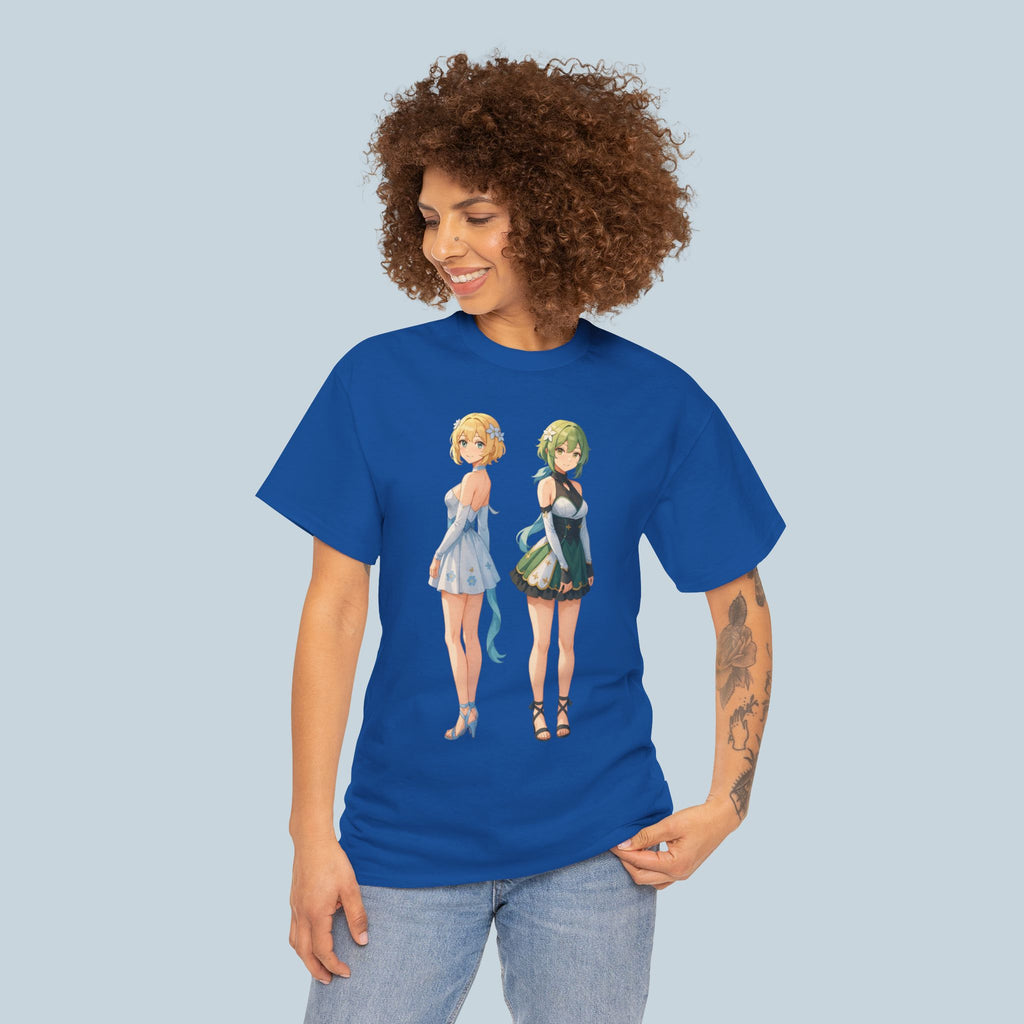 Anime Girl Duo T-Shirt, Fantasy Flower Dress Aesthetic Tee, Cute Anime Shirt for Otaku & Fans