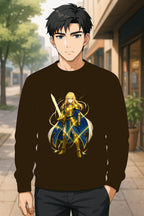Golden Paladin Anime Sweatshirt Black Neon Glow Armor Design Gift for Anime Fans Fantasy Warrior Streetwear Gamer Apparel