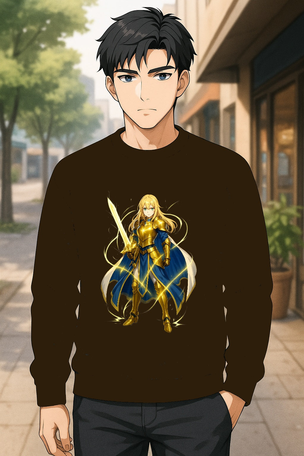 Golden Paladin Anime Sweatshirt Black Neon Glow Armor Design Gift for Anime Fans Fantasy Warrior Streetwear Gamer Apparel