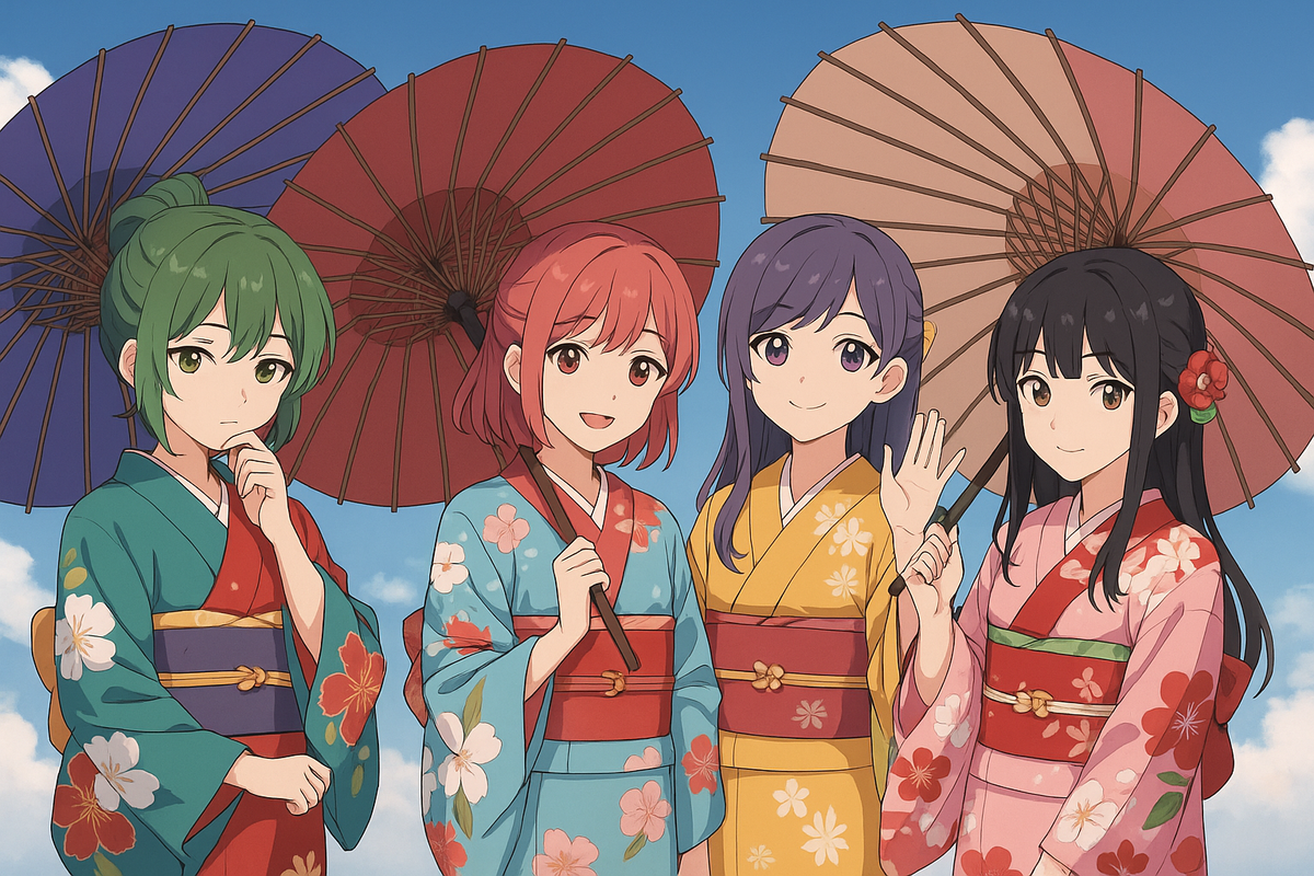 Vibrant Anime Wall Art Girls in Kimono with Parasols Japanese Festival Art Print