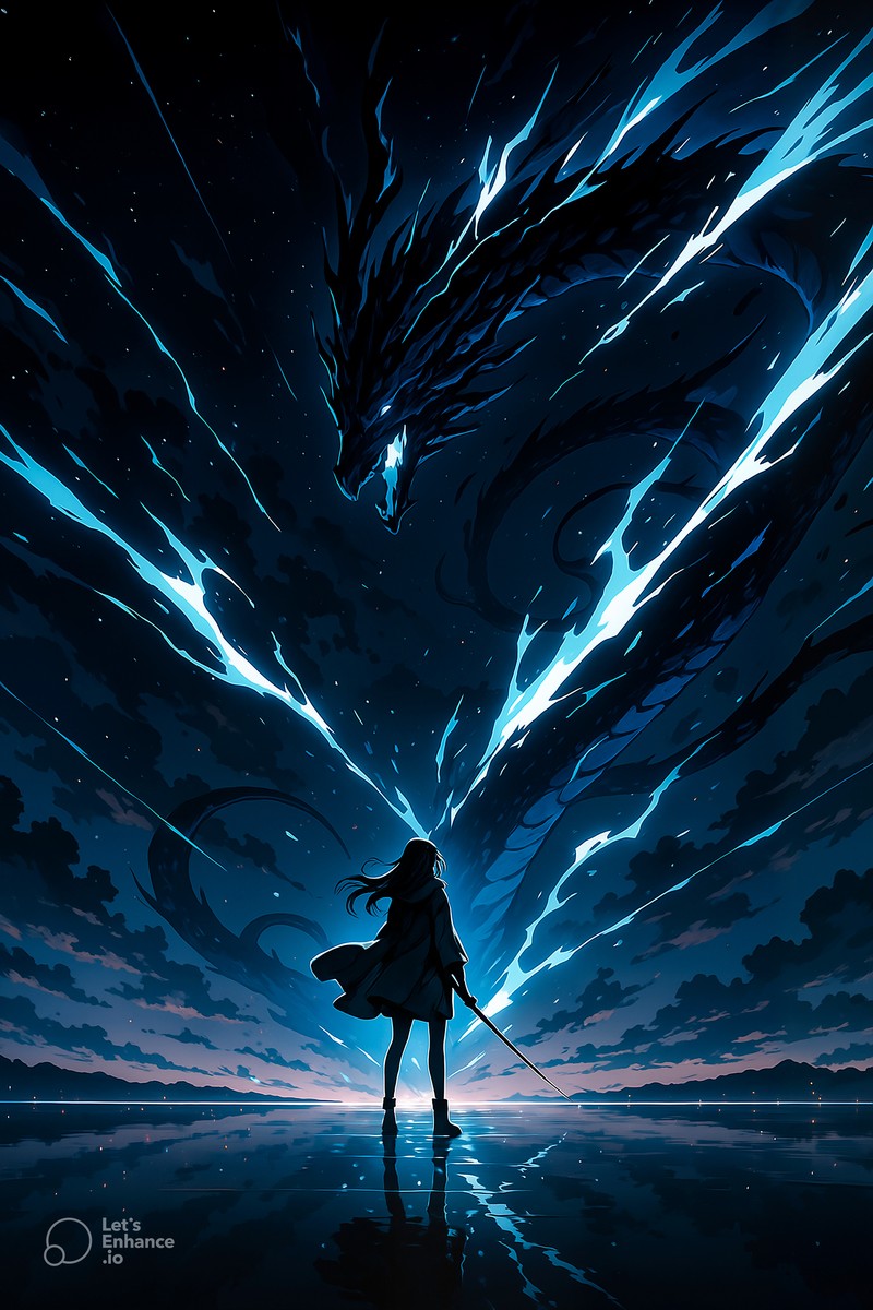 Epic Anime Poster Warrior Summoning Dragon with Lightning in Night Sky