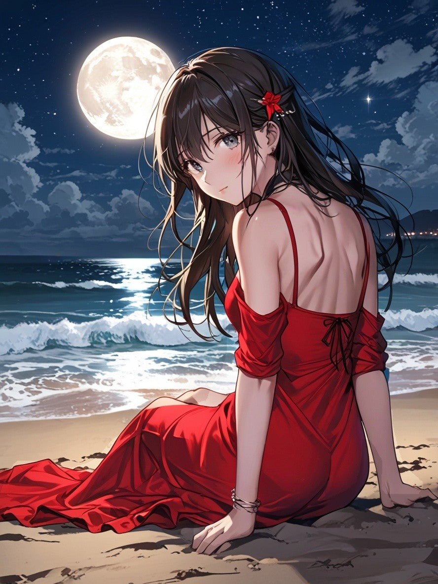 Anime Girl Poster Moonlight Beach Scene Romantic Night Aesthetic Red Dress Wall Art Gift for Anime Lovers and Collectors