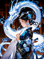 Blue Dragon Anime Girl Sherpa Blanket Elegant Kimono Spirit Beast Cozy Soft Gift for Anime Lovers Chinese Fantasy Room Decor