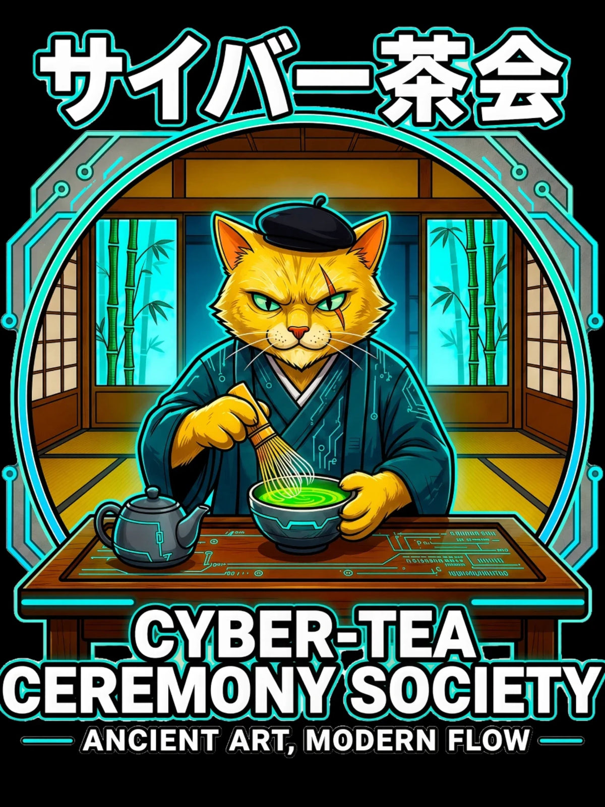 A stylized illustrated poster or graphic featuring a cat dressed in a dark blue kimono and black beret whiskering green tea at a table, with Japanese text at the top and the English phrase 'CYBER-TEA CEREMONY SOCIETY' plus 'ANCIENT ART, MODERN FLOW' at the bottom.