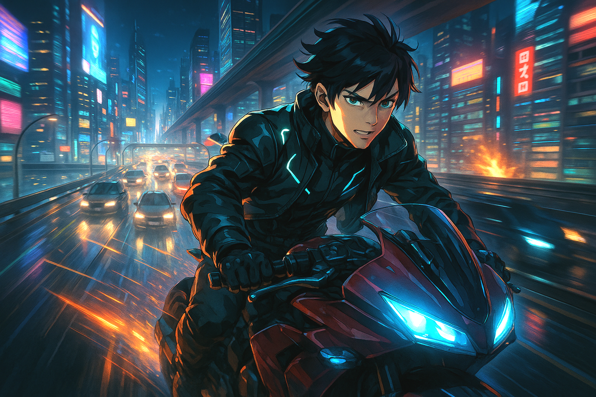 Anime Cyberpunk Motorcycle Wall Art: Giclée Art Print