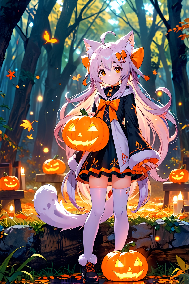 Halloween Cat Spirit Poster, Cute Anime Art | Kawaii Cat Girl with Pumpkins | Fall Anime Decor for Bedrooms, Gamers | Epic Anime Apparel