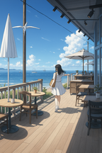 Anime Poster Girl on Seaside Café Terrace with Ocean View Wall Art