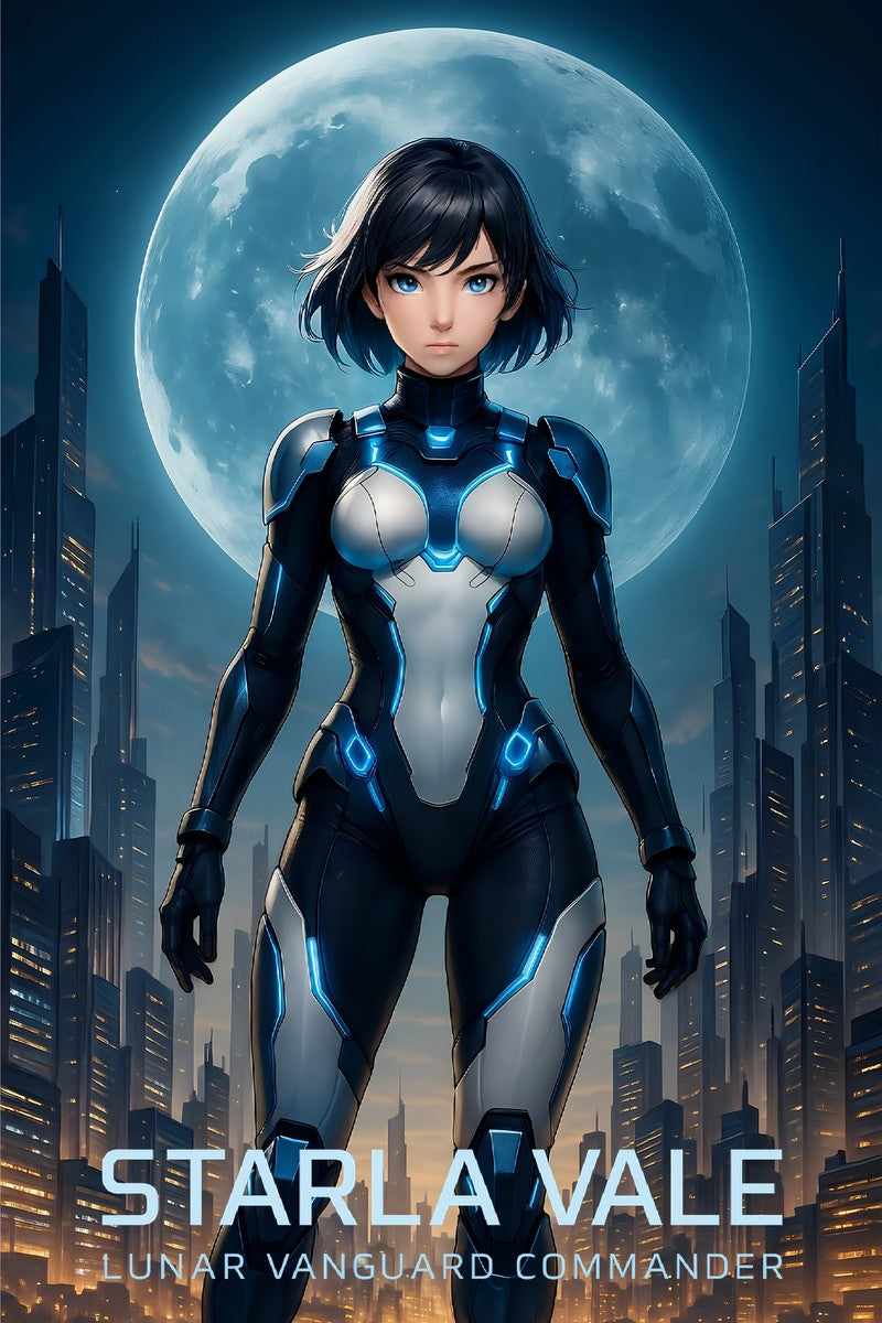 Starla Vale Lunar Vanguard Commander, Anime Poster, Futuristic Sci Fi Girl Wall Art, Cyberpunk City Moon Art, Gift Gamers Epic Anime Apparel