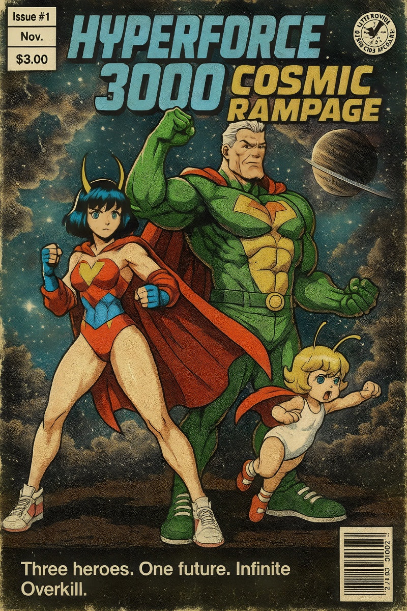 Comic book cover of Hyperforce 3000 with three heroes against a space-themed background.
