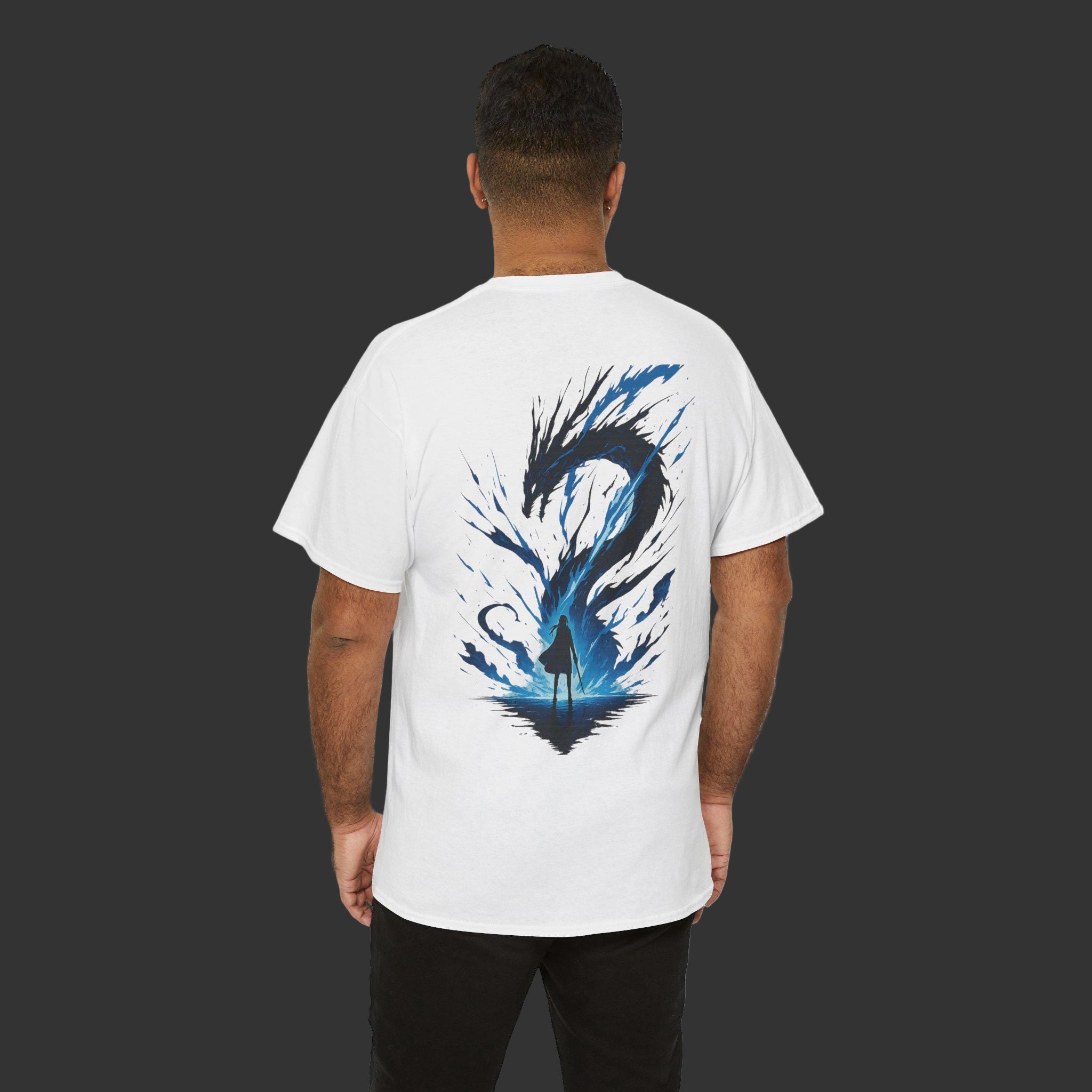 Person wearing a white t-shirt with a blue and black dragon design on the back, standing against a white background.