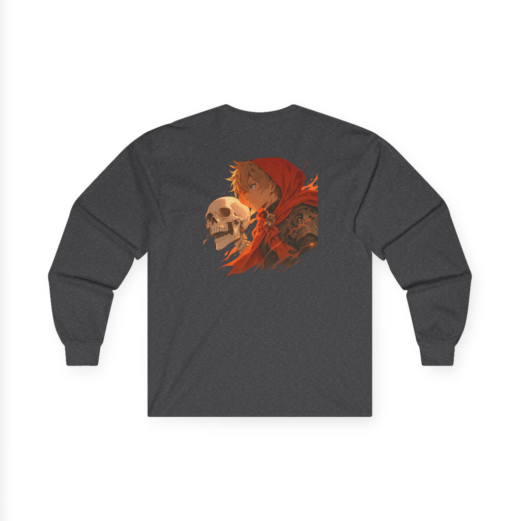 Anime Long Sleeve Shirt – Fiery Skull & Red Hood Warrior Art | Cool Anime Streetwear Tee | Epic Anime Apparel