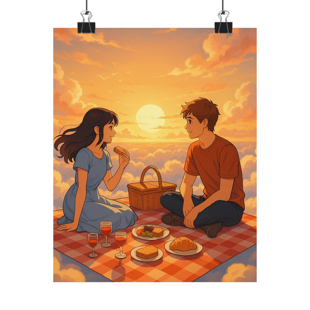 Romantic Anime Sunset Picnic Poster, Wall Art for Home Decor, Gift for Couples