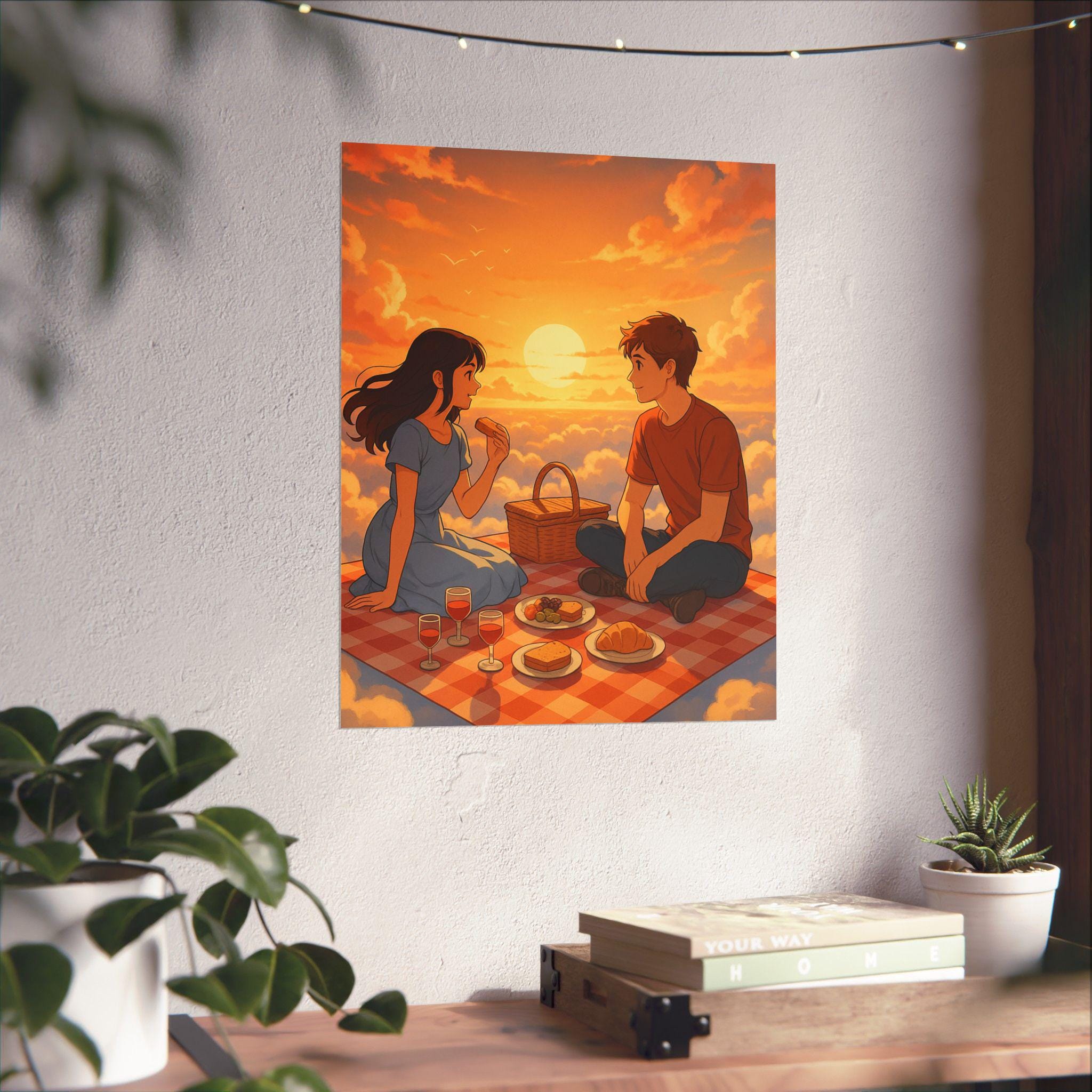 Romantic Anime Sunset Picnic Poster, Wall Art for Home Decor, Gift for Couples