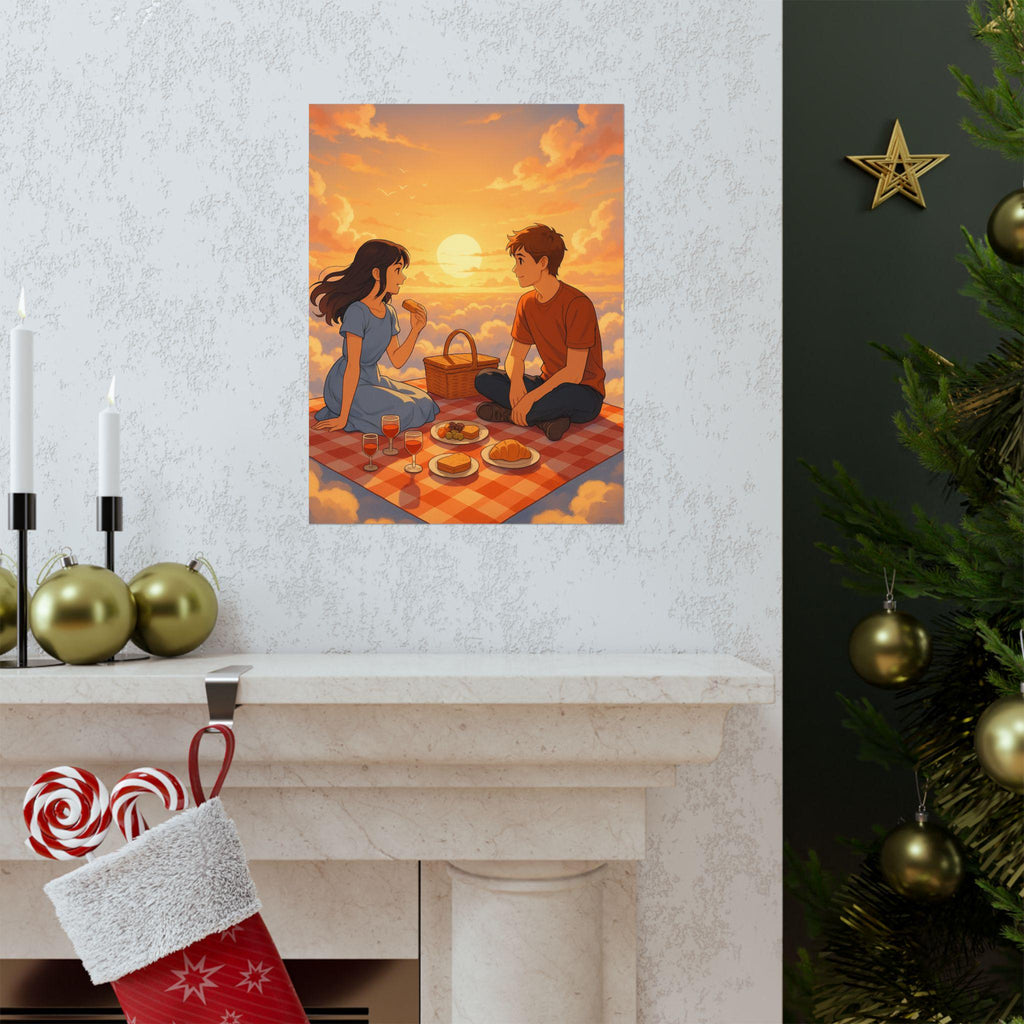 Romantic Anime Sunset Picnic Poster, Wall Art for Home Decor, Gift for Couples